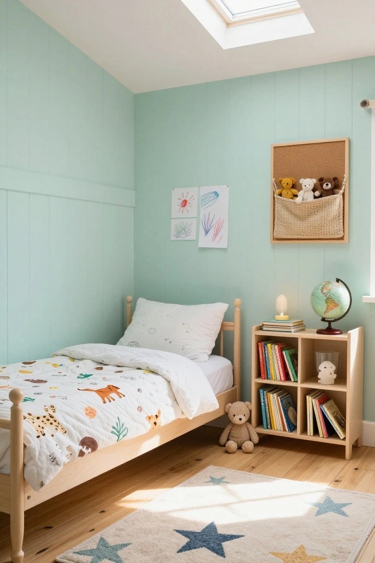 Child's bedroom with mint green paneled walls, wooden single bed covered in animal print quilt, wooden bookshelf holding books and stuffed bears, bedside globe and lamp, corkboard with toys, and star-patterned rug on wooden floor.
