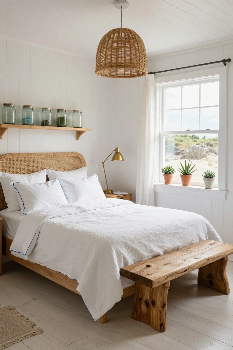 A bright bedroom featuring white shiplap walls and ceiling, rattan headboard on a wooden bed with white linens, wicker pendant light, glass jars on wooden wall shelf, desk lamp on nightstand, potted succulents on windowsill overlooking dunes, wooden bench at bed foot, and jute rug on light wood floor.