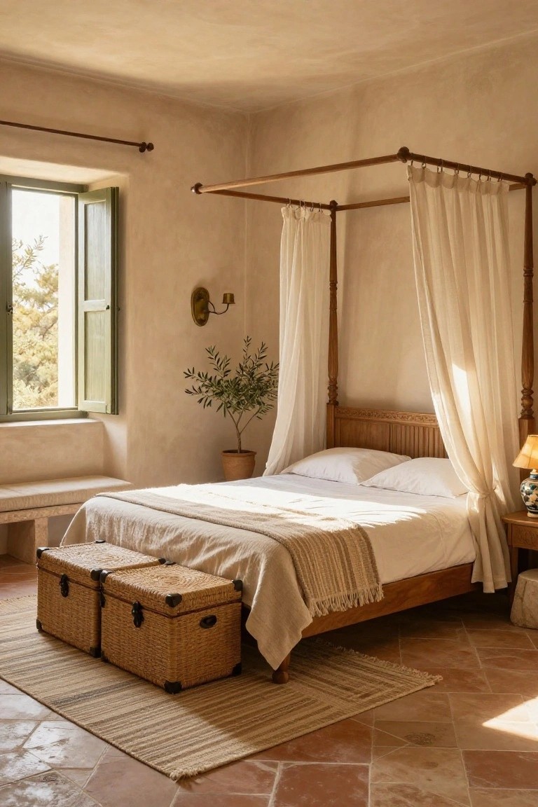 Sunlit bedroom interior with beige walls, wooden four-poster bed draped in sheer white curtains, white bedding, two woven storage boxes at the foot, olive tree in terracotta pot, bench, lamp on side table, green-shuttered window showing trees outside, and terracotta tile floor.