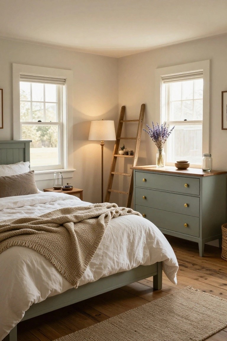 Corner of a bedroom with sage green painted wooden bed and low dresser, ladder shelf with plants and lavender bouquet, white bedding draped with knit throw, floor lamp, and two multipane windows with blinds.
