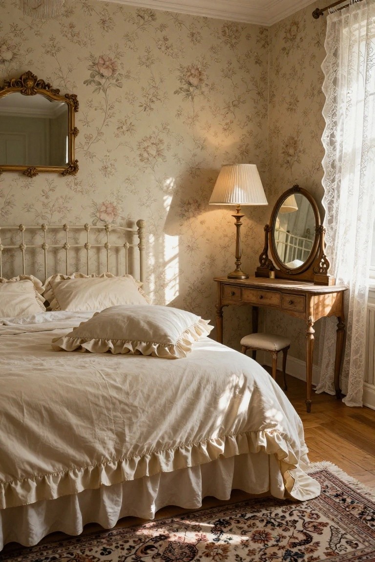 A cozy bedroom with beige floral wallpaper on walls, white iron bed frame with ruffled cream bedding and pillows, wooden vanity table with oval mirror and lamp, lace curtains on window, and patterned rug on wood floor.