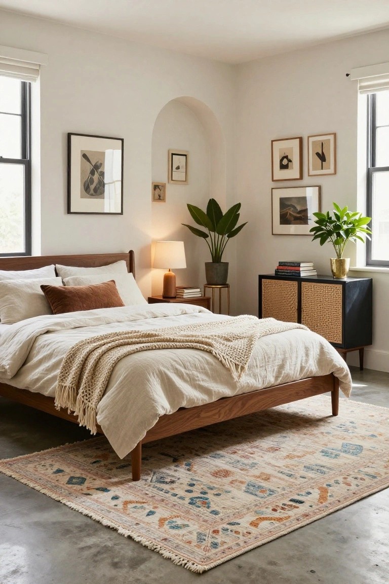 Bedroom with light wooden platform bed covered in white linen bedding, rust pillow, and knit throw; bedside table with lamp and books; black rattan cabinet; tall potted plants; framed artwork on white walls; patterned rug on concrete floor.