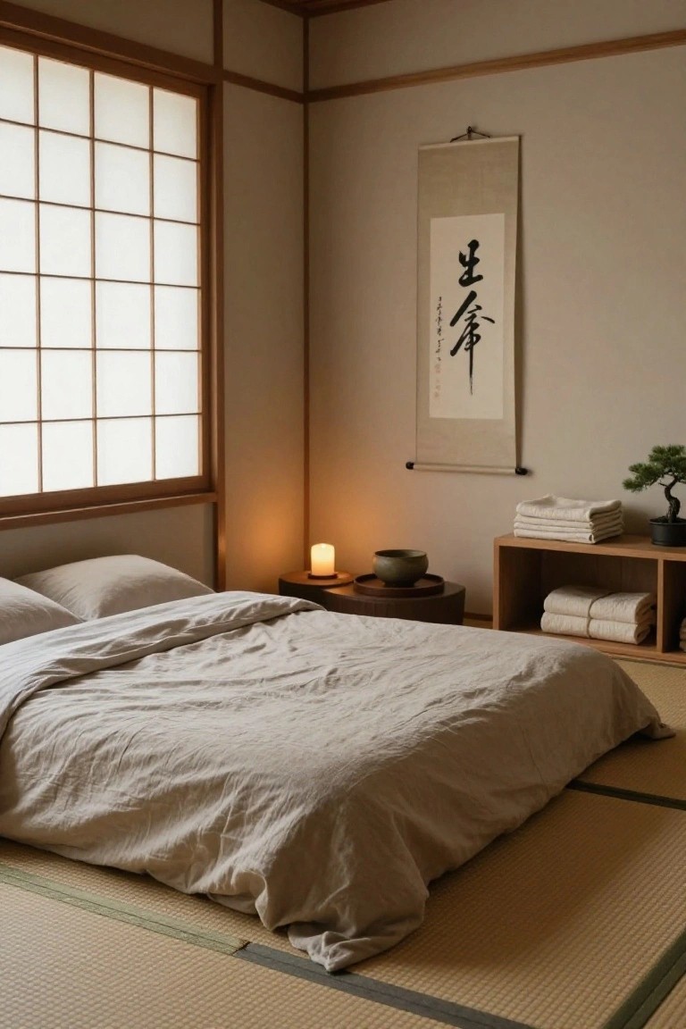 A minimalist bedroom with tatami mat flooring, low futon bed covered in light linen sheets, shoji screen windows, a candle on a wooden stool, bonsai plant, and hanging scroll.