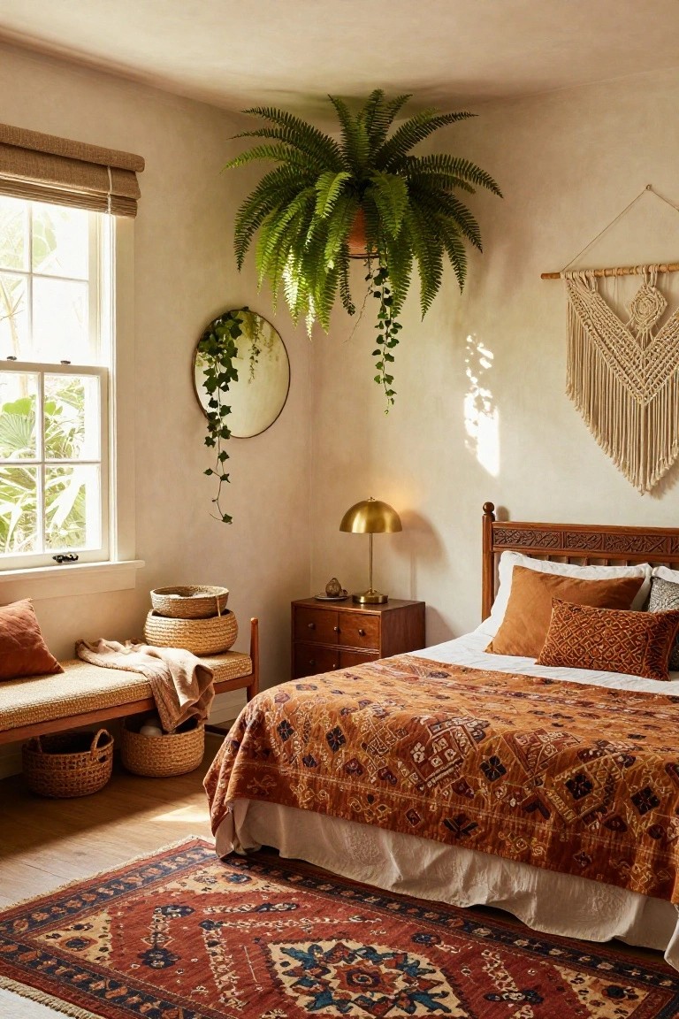 Corner of a light beige bedroom with wooden bed covered in terracotta patterned quilt and orange pillows, hanging fern plant, round mirror with ivy, macrame wall hanging, gold lamp on wooden nightstand, rattan bench with baskets, and window with outdoor plants.