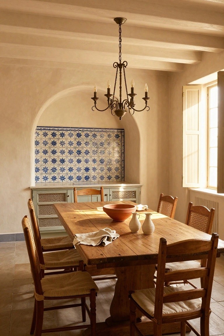 Sunlit dining room with wooden table and rush-seat chairs, terracotta bowl and pottery on table, green cane-front sideboard in arched recess with blue star-patterned tile backsplash, wrought-iron chandelier overhead, beige walls, beamed ceiling, and open shutters on window.