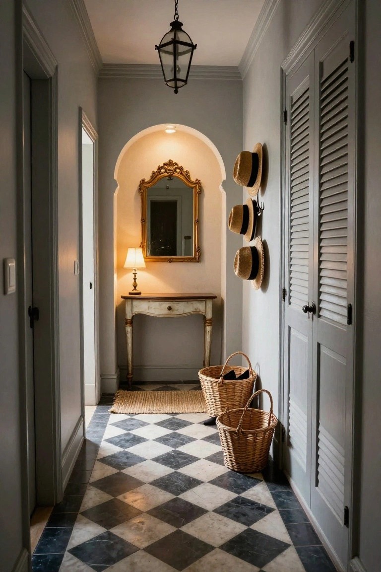 Narrow interior hallway with black and white checkered tile floor, gray paneled walls and doors, arched alcove containing a gold-framed mirror lit by a lamp on a white console table, hanging straw hats, and wicker baskets on the floor.