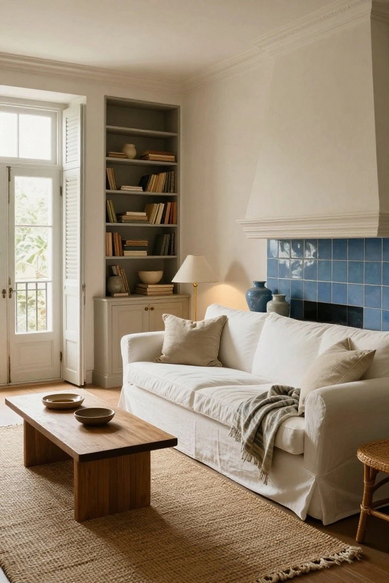 Light living room with white slipcovered sofa, low wooden coffee table holding ceramic bowls, seagrass rug, gray bookshelves with books and ceramics, table lamp, blue tiled fireplace under white hood, and open French doors with shutters to balcony railing and greenery.