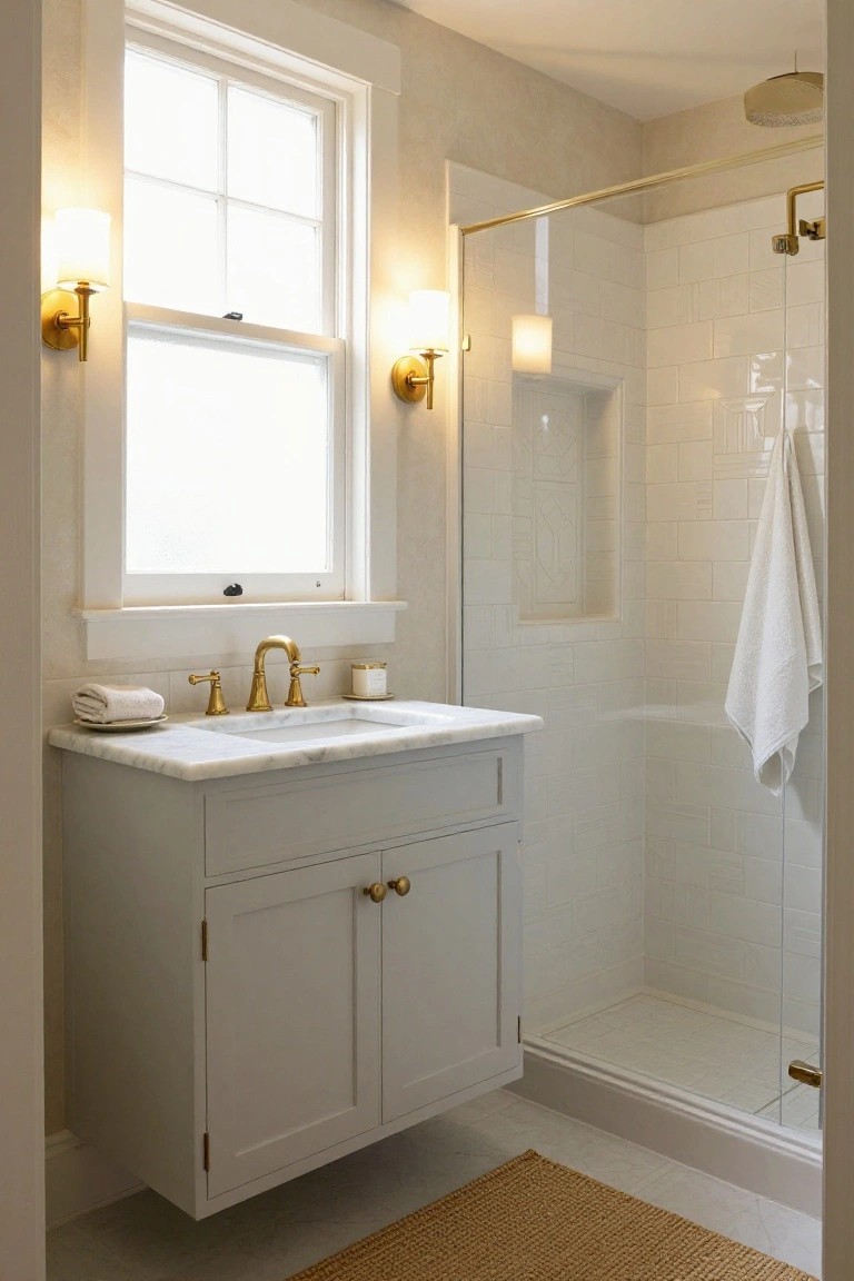 Small bathroom with floating light gray vanity topped in white marble and gold faucet, adjacent glass-enclosed white subway tile shower with gold showerhead and hardware, white window, and wall sconces.
