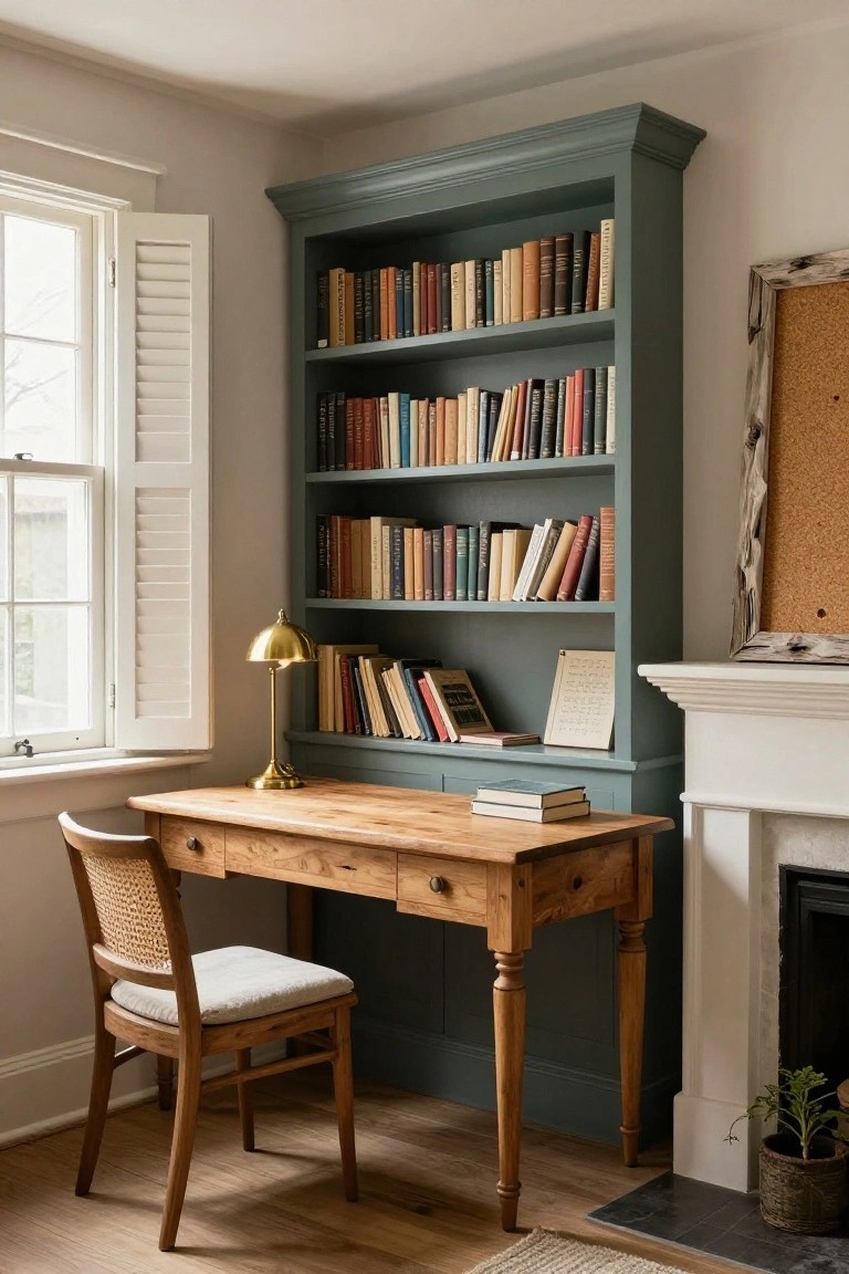 Corner room interior featuring teal-painted built-in bookshelves around a wooden desk with rattan chair, brass lamp, stacked books, open window with shutters, corkboard, and white fireplace.