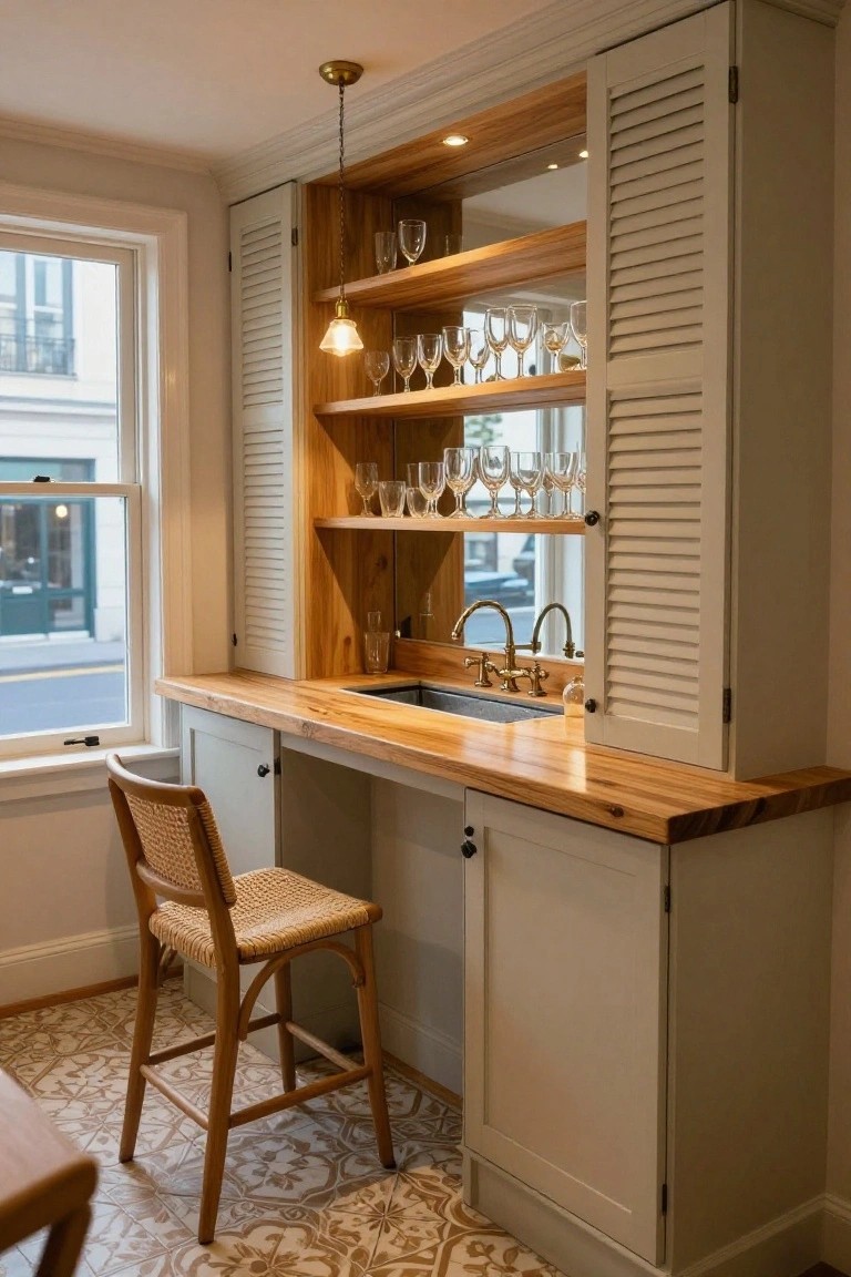 Tall built-in cabinet with louvered shutters, wooden shelves displaying wine glasses, teak countertop with sink and faucet, rattan stool, beside a window in a room with white walls and patterned tile floor.
