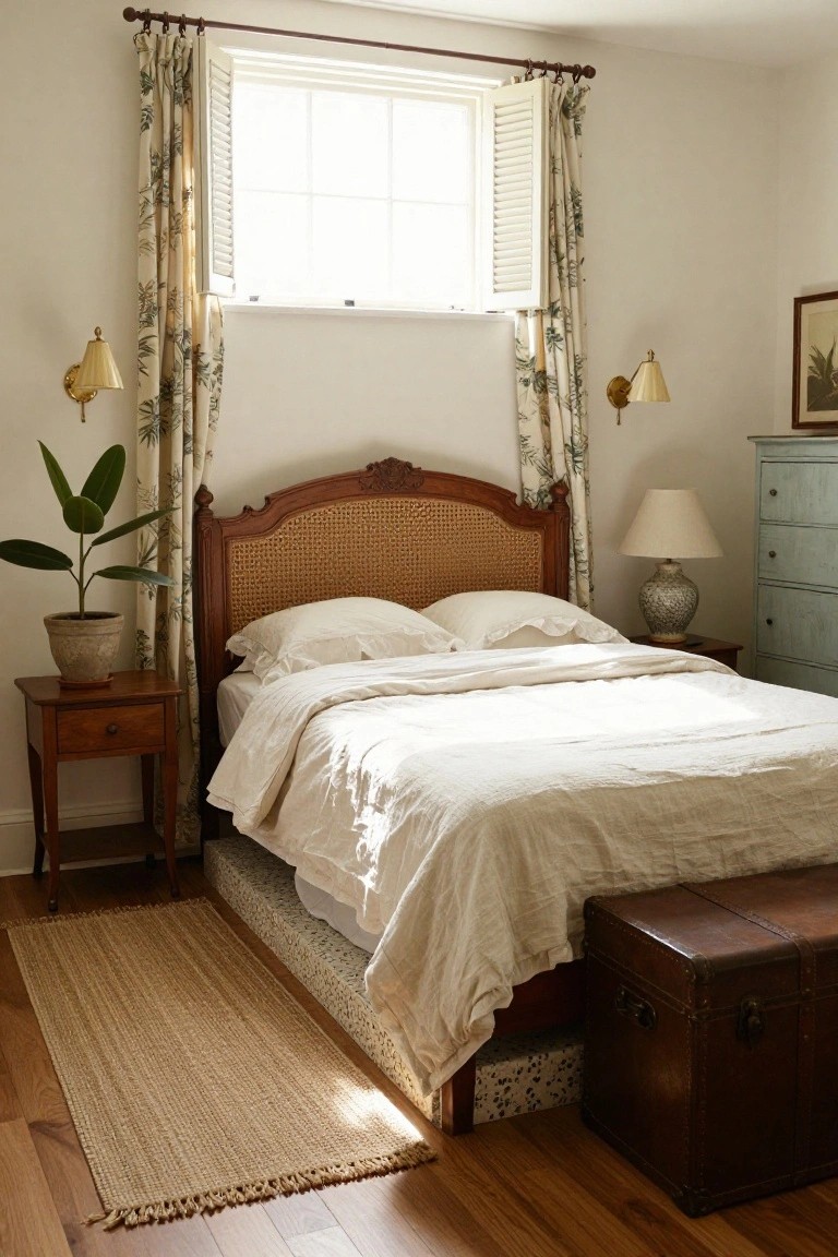Sunlit bedroom with wooden bed featuring carved frame and cane headboard, white linen bedding, wooden nightstand holding potted plant, brass lamps, blue dresser, white lamp, and window with shutters and floral curtains.