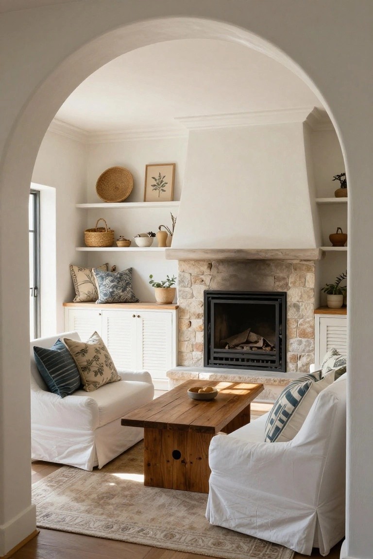White slipcovered armchairs and a wooden coffee table positioned in front of a stone fireplace within an arched room opening, with shelves holding baskets, pottery, and plants.
