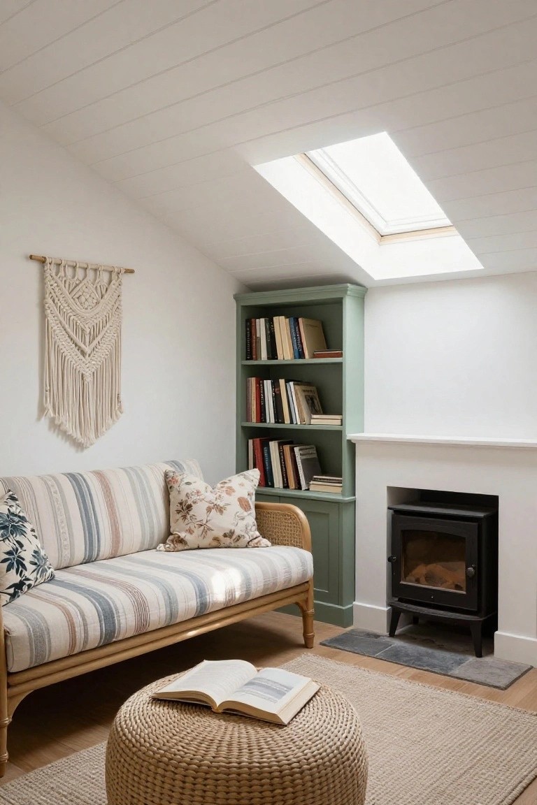 Cozy attic nook with striped sofa, green bookshelf, black stove, and skylight.