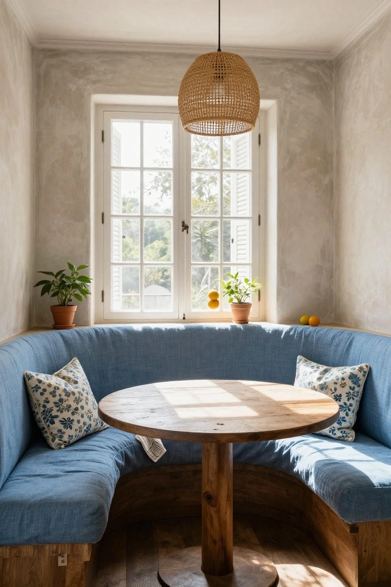Curved blue fabric banquette with pillows wraps around a round wooden table in a light corner room with white window frames, potted plants, and oranges on the sill.