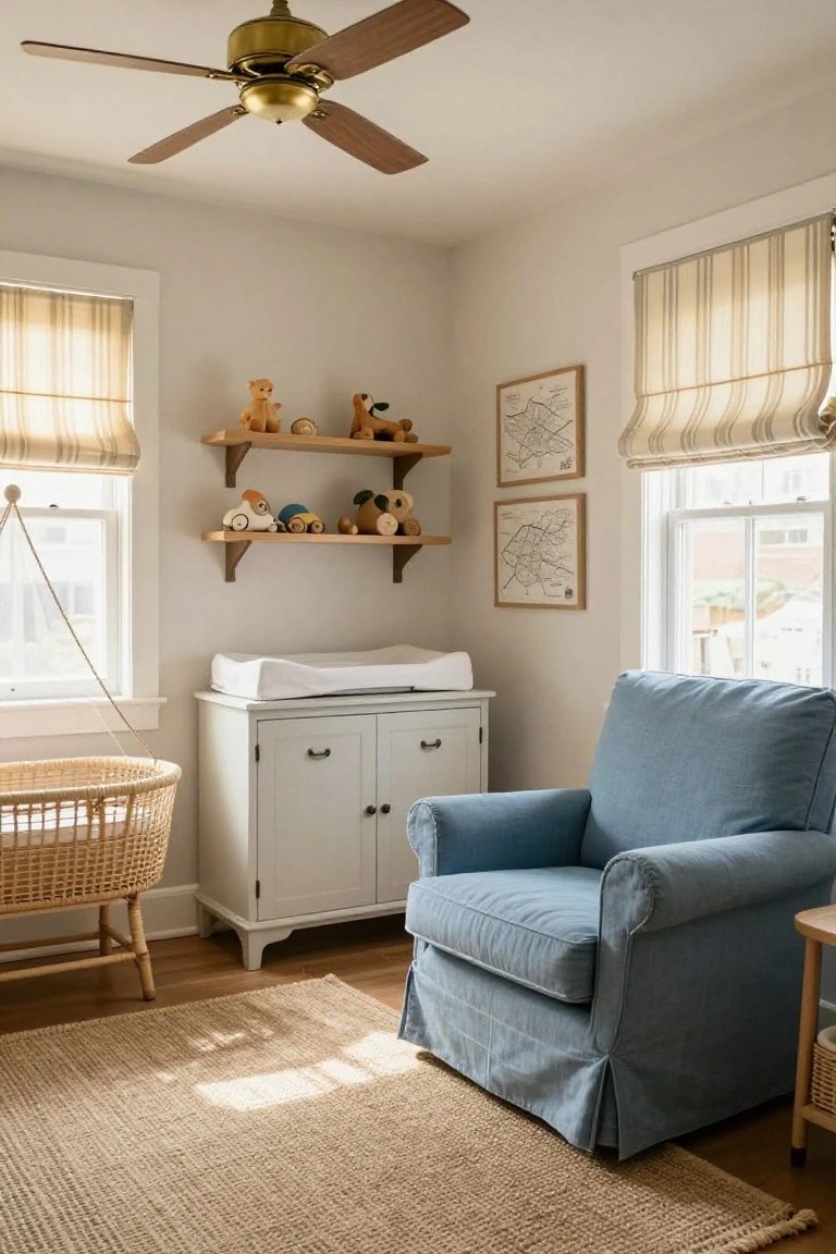 Light gray nursery room with brass ceiling fan, striped roman shades on windows, wooden shelves holding wooden toys, white dresser with changing pad, wicker bassinet on stand, blue slipcovered armchair, seagrass rug, and hardwood floors.