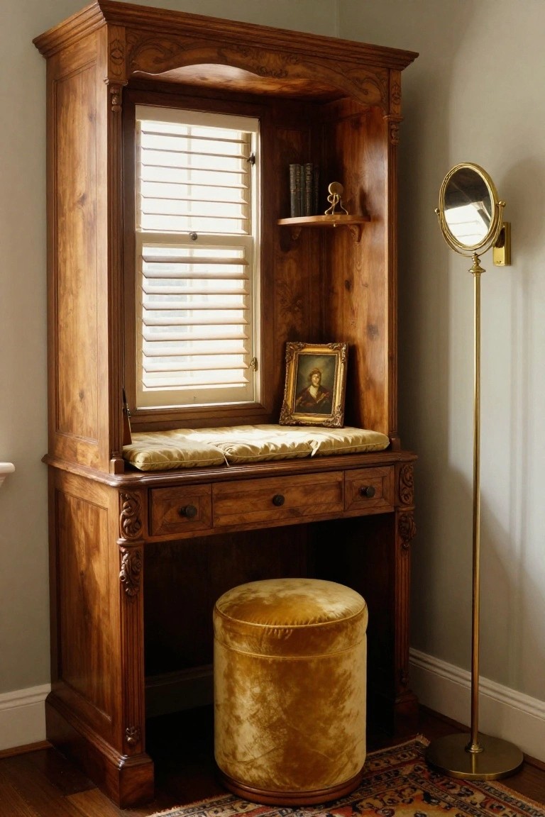Tall ornate wooden corner cabinet with integrated desk, cushioned window seat, small portrait and books on shelves, gold floor mirror, yellow velvet stool, and patterned rug in a light gray room.