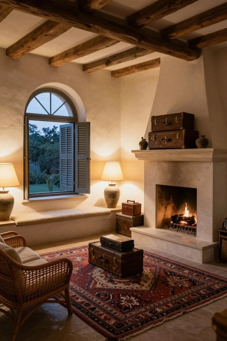 Cozy room interior with exposed dark wooden ceiling beams, white walls, lit stone fireplace surrounded by stacked vintage leather trunks, rattan armchair on red Persian rug, and arched window with open green shutters overlooking trees and garden.