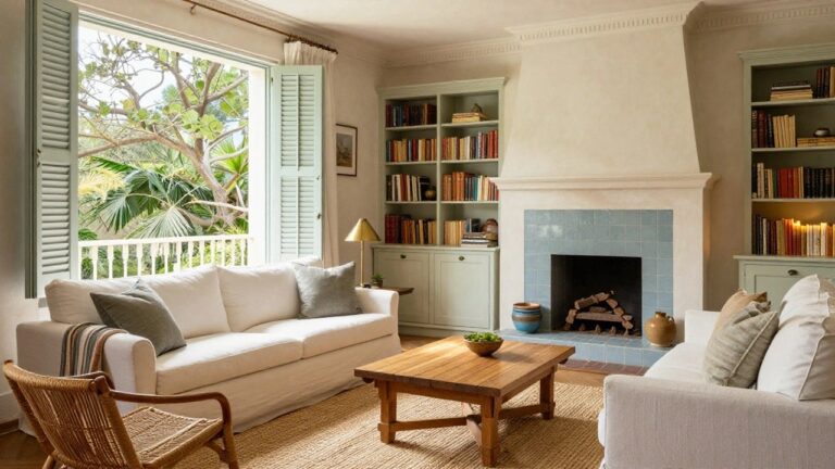 Light living room with white slipcovered sofa, low wooden coffee table holding ceramic bowls, seagrass rug, gray bookshelves with books and ceramics, table lamp, blue tiled fireplace under white hood, and open French doors with shutters to balcony railing and greenery.