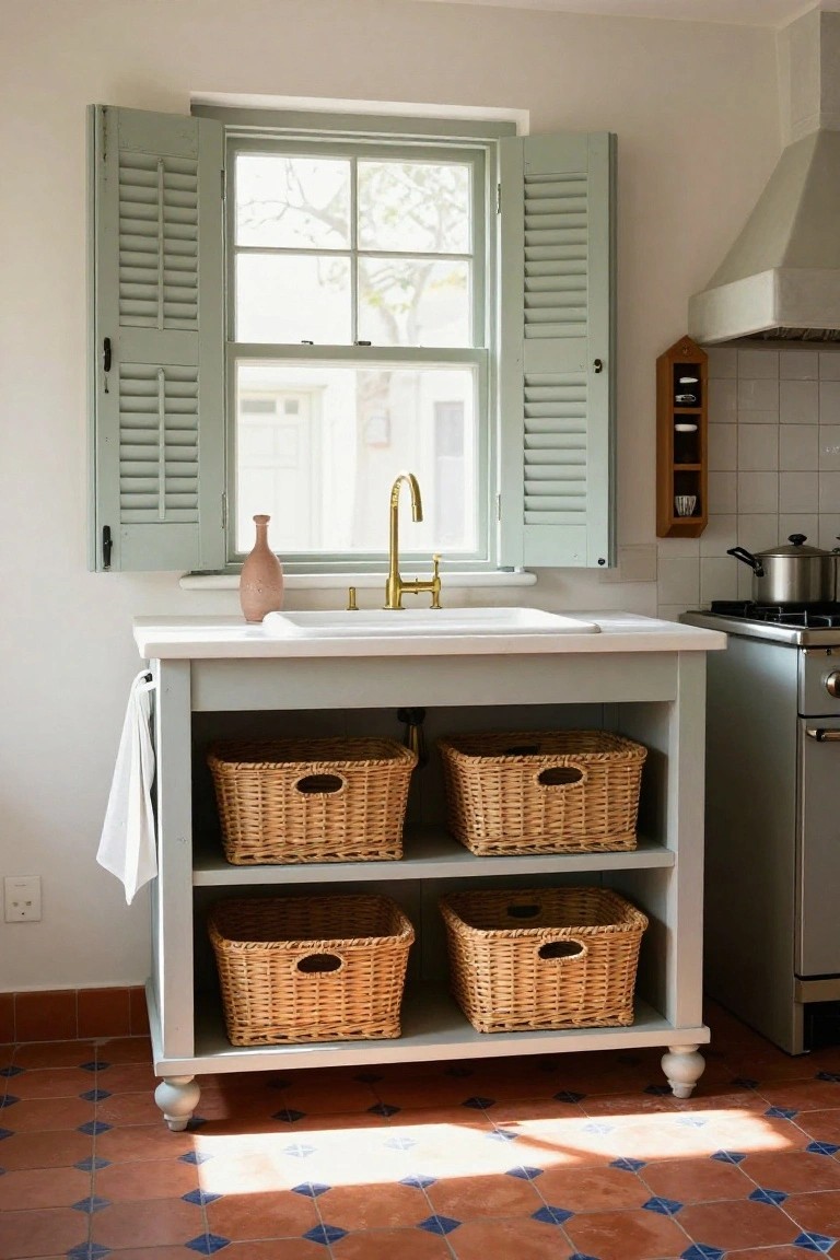 Freestanding gray cabinet with white sink, brass faucet, and four wicker baskets on open shelves, beside a stainless steel stove in a kitchen with green shutters on window, wood spice rack, and red terracotta tile floor.