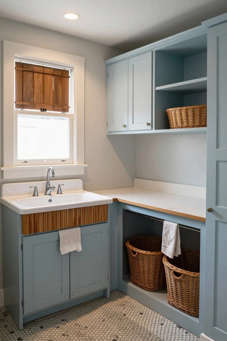 Light blue cabinets in a laundry room with a white porcelain sink, bamboo apron front, wicker laundry baskets in open shelving, and white hex tile floor.