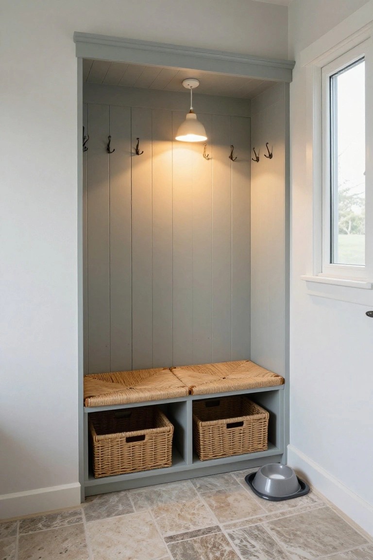 Light gray paneled built-in alcove with black coat hooks on walls, white pendant light from ceiling, double wicker benches on base, two wicker baskets in cubbies, and square gray dog bowl on beige stone tile floor next to white-framed window.