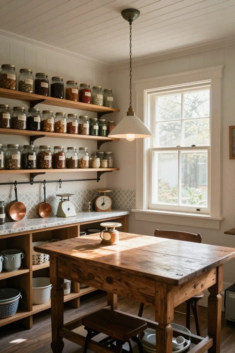 Kitchen corner with wooden open shelves filled with glass jars of nuts, grains, and spices, a wooden table with chairs, copper pots hanging on a rail, and a window letting in sunlight.