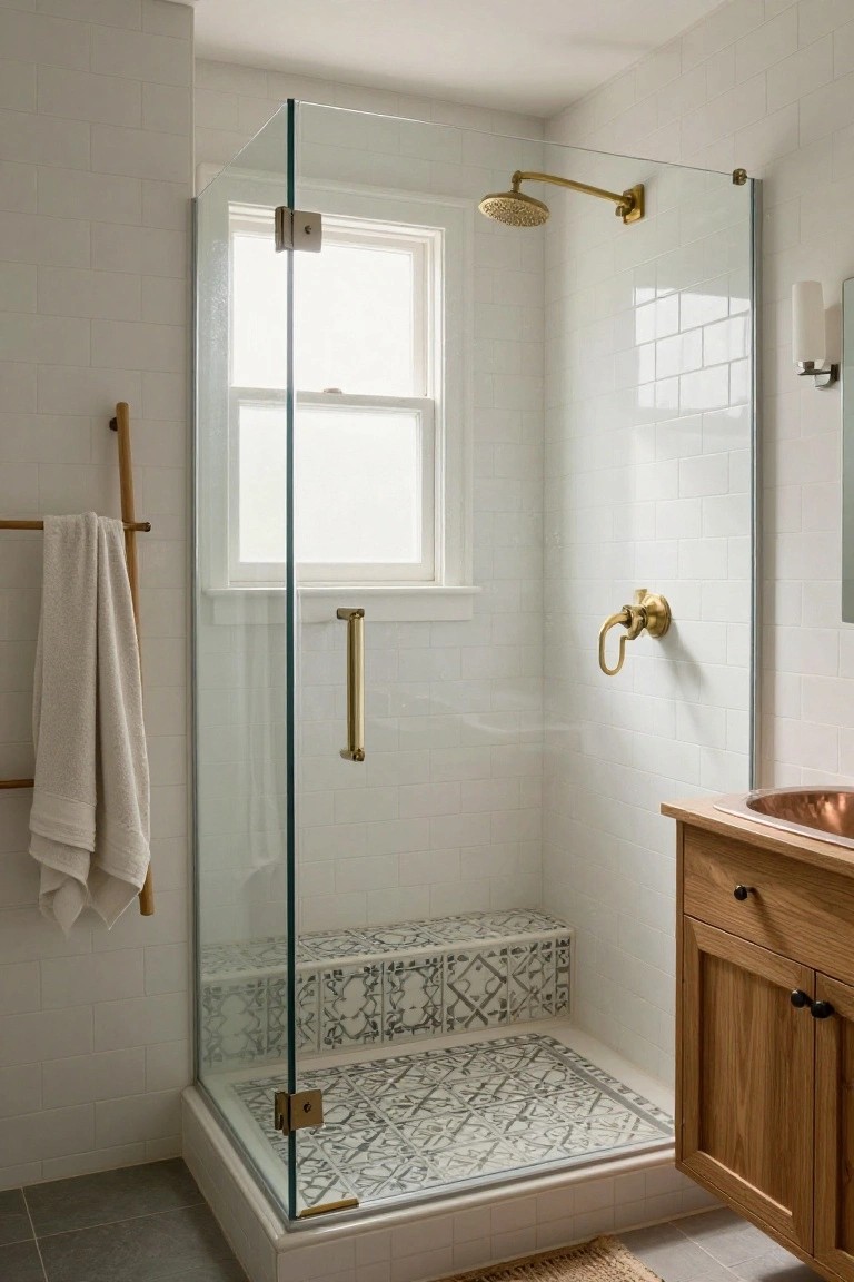 Bathroom with frameless glass shower enclosure, brass showerhead and fixtures, geometric patterned tile shower floor and bench, white subway tile walls, wooden towel ladder rack, wooden vanity with copper sink, and wall sconce.
