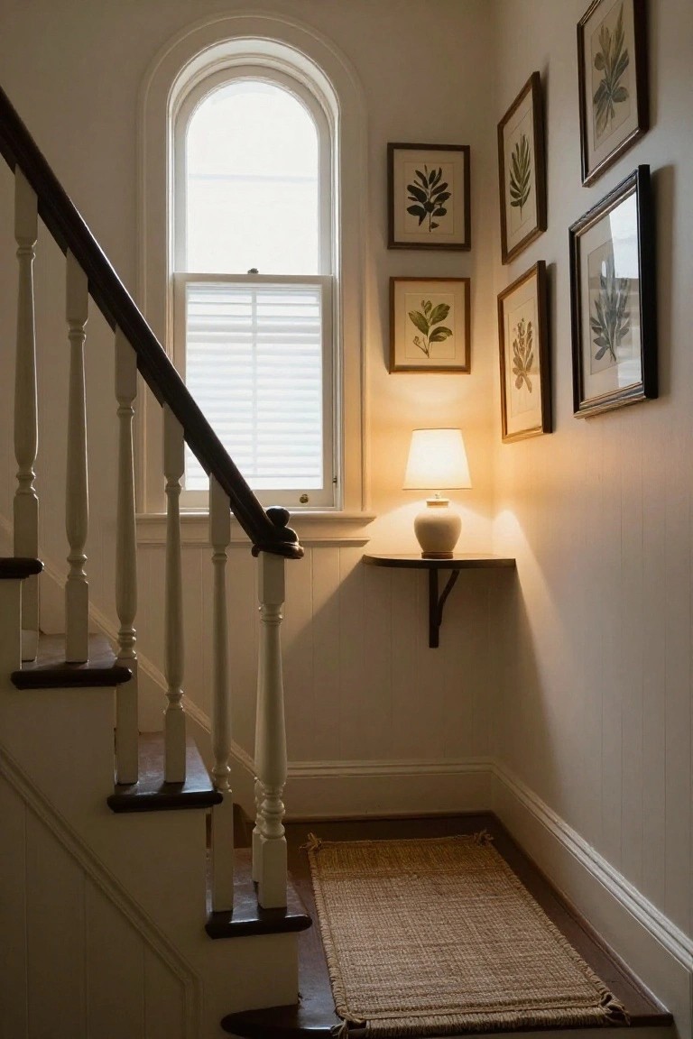 Wooden staircase with dark treads and white balustrade in a cream-walled interior, arched window with shutters, corner shelf holding a white ceramic lamp, walls displaying multiple gold-framed botanical leaf prints, and seagrass runner on the floor.