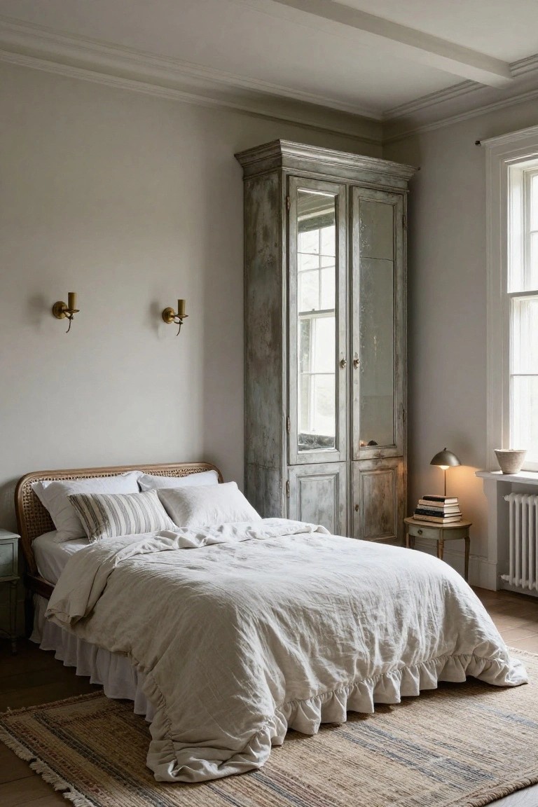 Bedroom with rattan bed frame, rumpled white linen bedding with ruffles, tall distressed gray armoire with glass-paneled doors and mirror, seagrass rug on wood floor, wall sconces, table lamp, and window.