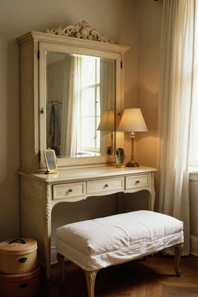 Cream-colored ornate wooden vanity dresser with large mirror, open side panels, small gold-framed mirror, two lamps, and white cushioned stool next to a window in a room with parquet flooring.
