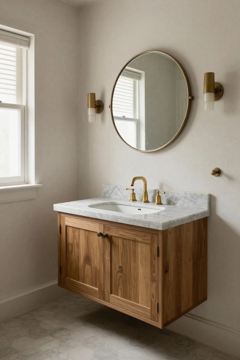 Bathroom with floating wooden vanity cabinet, white marble countertop and sink, gold bridge faucet, round brass mirror with sconces, light walls, window blinds, and gray hexagonal floor tiles.
