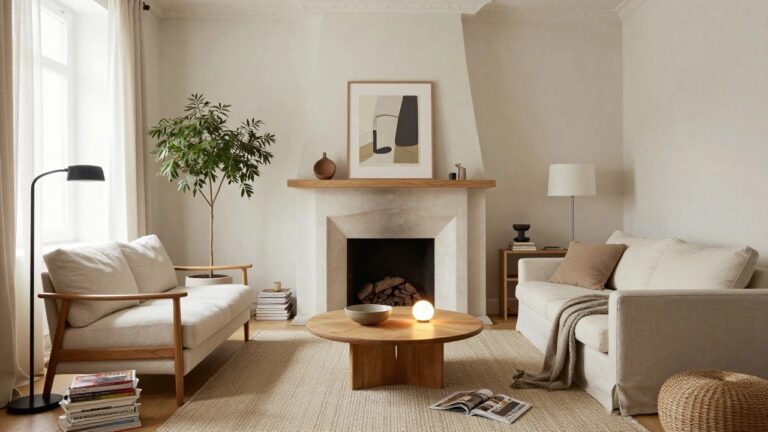 A bright living room with a white stucco fireplace, cream slipcovered sofa and armchair, round wooden coffee table holding white bowls, seagrass rug, potted plant, and several lamps near tall windows with sheer curtains.
