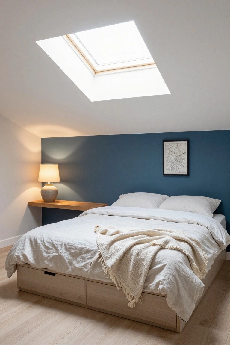 Attic bedroom with sloped white ceiling and skylight above a low platform bed dressed in white linens and throw, navy blue accent wall with wooden floating shelf holding a ceramic lamp and framed map artwork, light oak floors.