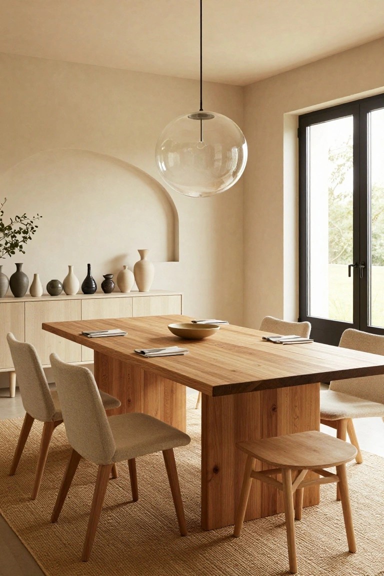 A beige dining room with a large rectangular wooden table, cream fabric chairs, wooden stools, a clear glass bubble pendant light, an arched wall niche holding various ceramic vases, and black-framed doors leading to outdoors.
