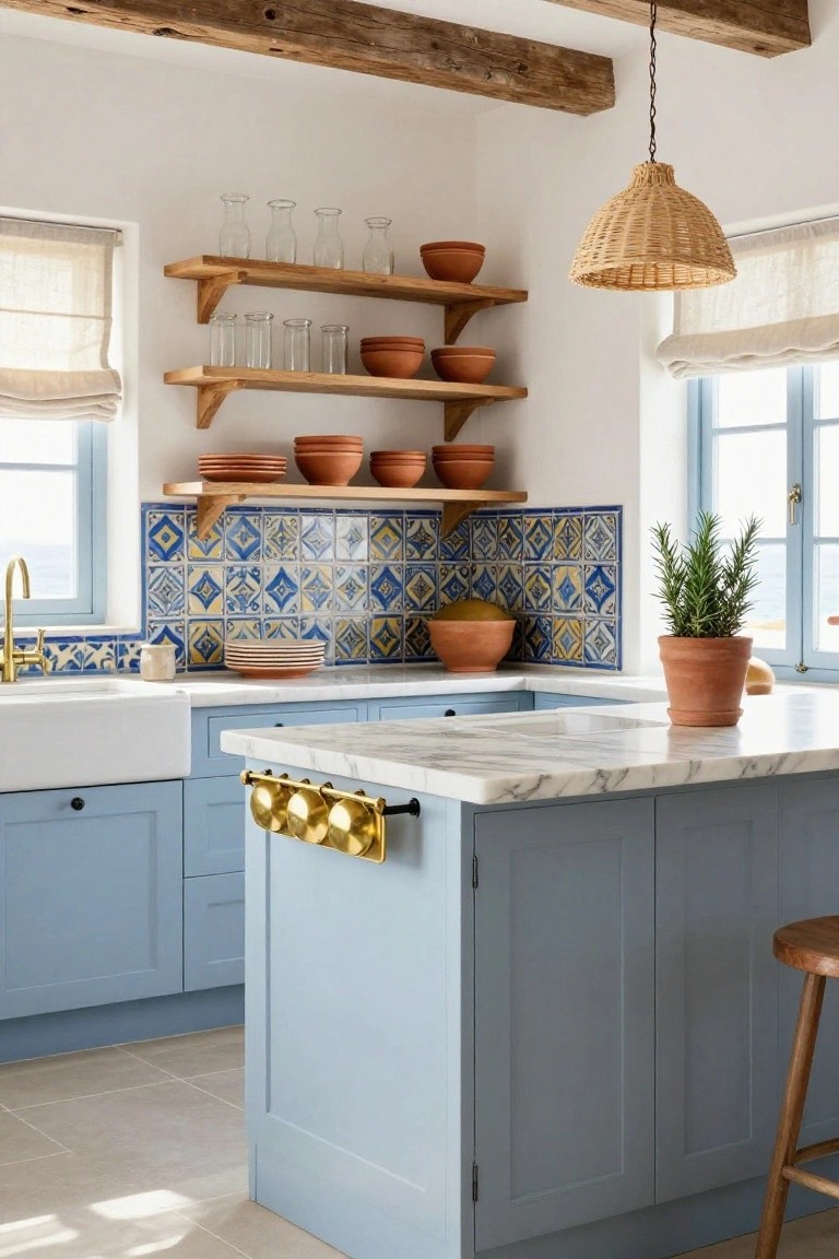 Kitchen with light blue cabinets, white marble island countertop, blue and yellow geometric tile backsplash, wooden open shelves holding terracotta bowls and glass jars, rattan pendant light, and windows overlooking the sea.