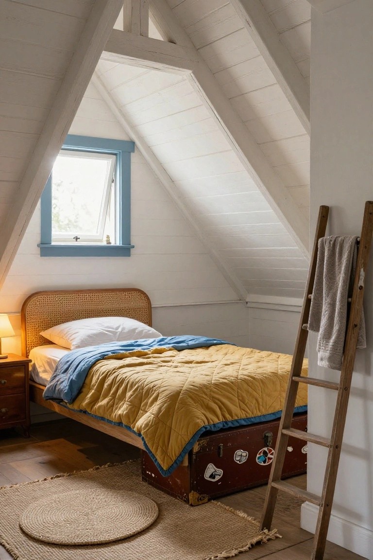 Cozy attic bedroom featuring white sloped ceilings, rattan bed with yellow quilt and blue sheets, wooden ladder with towel, vintage trunk under the bed, blue-framed window, lamp on wooden nightstand, and seagrass rug on wood floor.