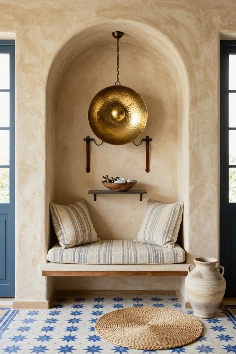 Arched interior alcove with built-in wooden bench topped by striped cushions and pillows, hammered gold pendant lantern hanging above, wooden shelf holding a bowl of eggs, flanked by blue doors, terracotta star-patterned floor tiles, seagrass rug, and large terracotta pots.