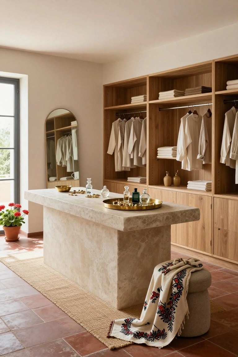 Walk-in closet with light oak built-in wardrobes displaying folded linens and hanging white garments, central rectangular beige stone console table topped with gold trays, glass bottles, and jewelry, curved gold mirror, potted red geraniums, embroidered throw on footstool, and seagrass rug on terracotta tile floor.