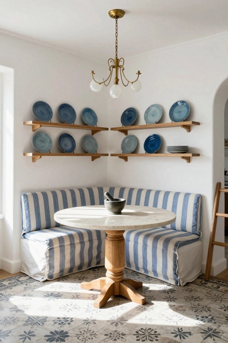 White corner banquette upholstered in blue and white stripes surrounding a round white marble pedestal table in a kitchen nook, with blue plates displayed on wooden wall shelves and a brass chandelier overhead.
