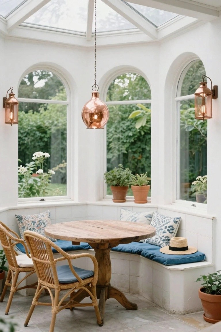 White sunroom with arched windows and garden views, round wooden table centered on blue banquette seating, rattan chairs, potted plants, and copper lanterns.