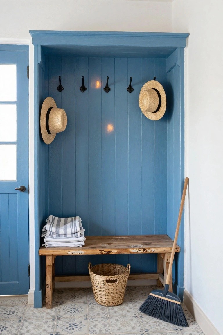 Blue paneled wooden alcove featuring hooks with straw hats, a wooden bench holding folded striped towels and a wicker basket, a broom leaning against the wall, and a blue door on a patterned tile floor.