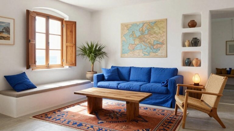 White-walled living room with blue linen sofa, low wooden coffee table holding a ceramic bowl, two rattan chairs, red patterned rug, arched open window overlooking blue sea, built-in shelves with pottery, and large map of Europe on wall.