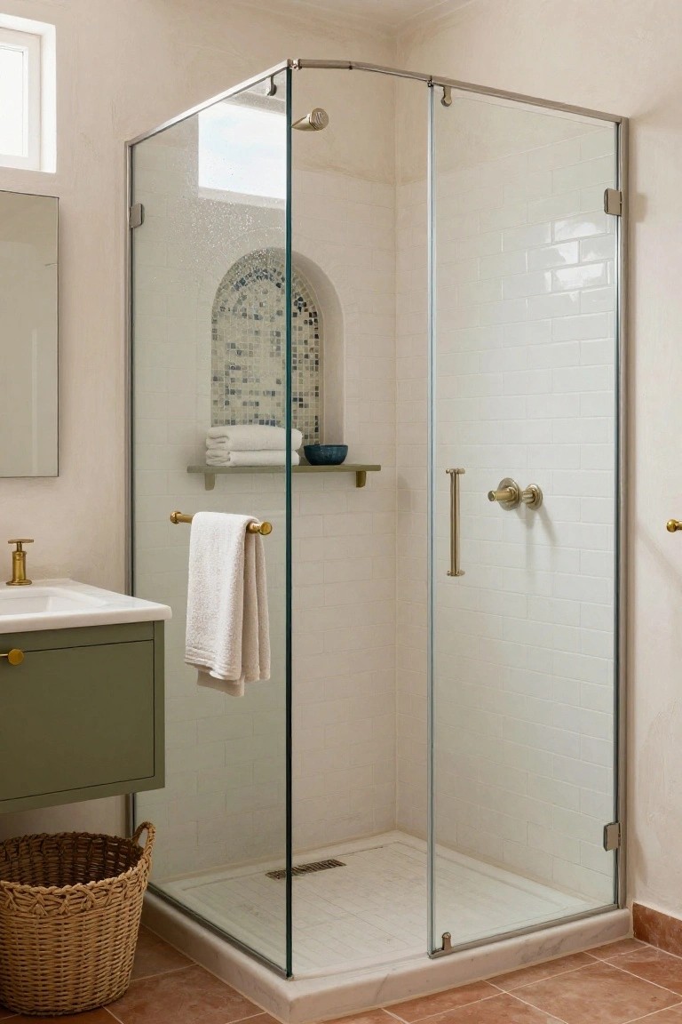 Corner glass shower enclosure in a bathroom with white subway tile walls, arched blue and white mosaic tile niche on a shelf, brass fixtures and handles, green cabinet vanity with white sink, folded towels, and wicker basket on terracotta floor.