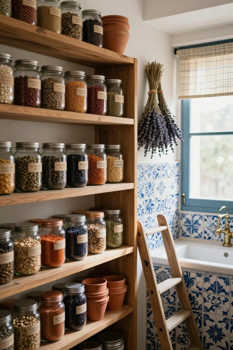 Wooden open shelves in a kitchen pantry area lined with glass jars containing beans, grains, spices, and seeds, beside blue tiled walls, a sink, and hanging dried herbs.