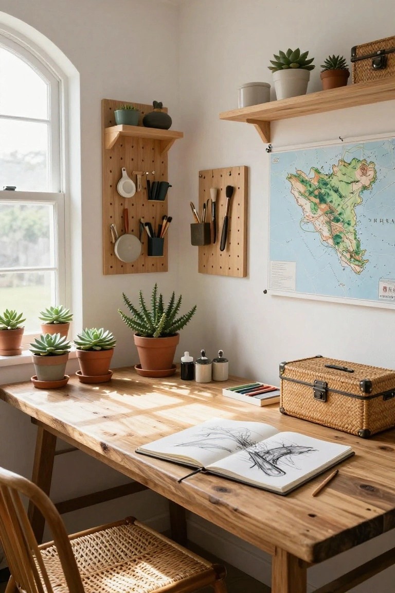 Bright corner workspace with wooden desk holding open sketchbook and pencil, surrounded by potted succulents, wooden pegboards with hanging tools and utensils, shelves with plants, and a large map on white wall next to arched window.