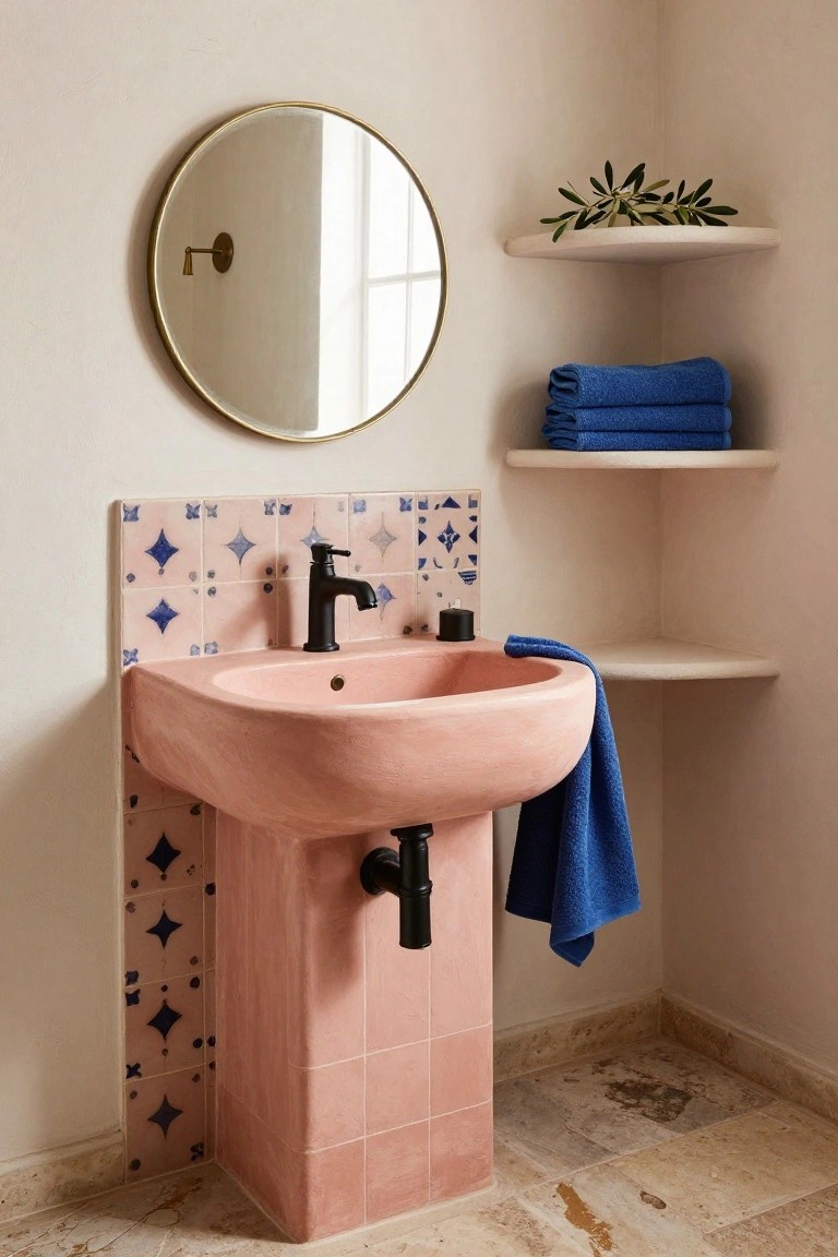 Corner bathroom with pink terracotta pedestal sink, blue and pink star-patterned tiles on the backsplash, black faucet, round brass mirror, stacked blue towels on floating white shelves, and olive branch on a shelf above.