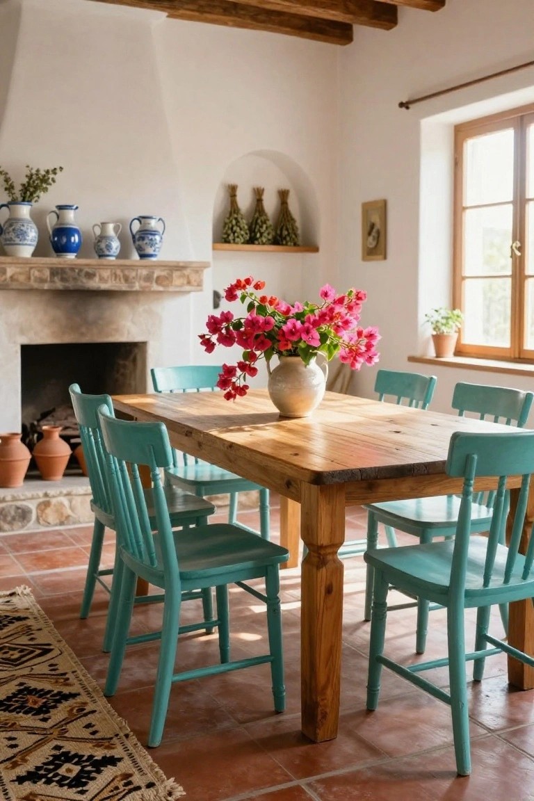 Sunlit dining room with rectangular wooden table surrounded by turquoise wooden chairs, large white vase of pink bougainvillea flowers at center, white walls, wooden ceiling beams, stone fireplace, blue pottery on mantel, and terracotta tile floor.
