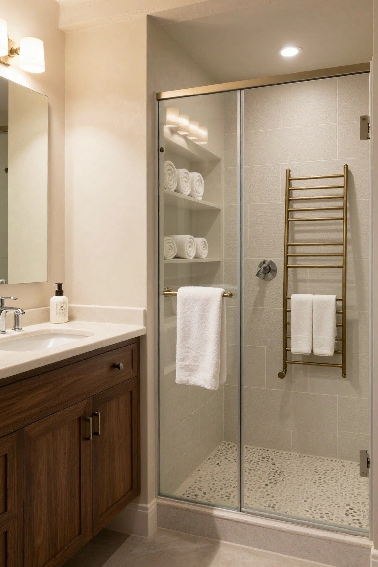 Modern bathroom with wood vanity, white countertop and sink, glass shower enclosure with pebble floor, brass towel warmer rack holding white towels, and neutral tiled walls.