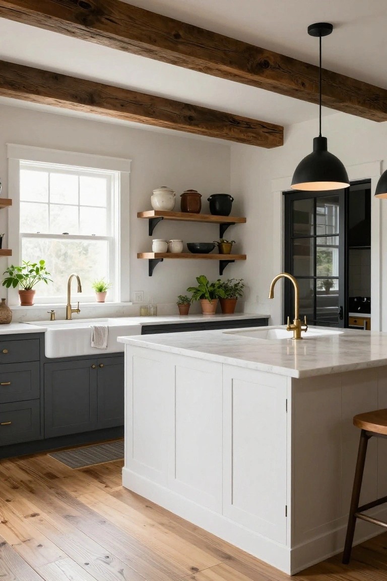 Modern farmhouse kitchen with dark exposed wood beams on the ceiling, white island countertop, gray lower cabinets, white farmhouse sink, gold faucets, open shelves with pottery, and wood plank flooring.