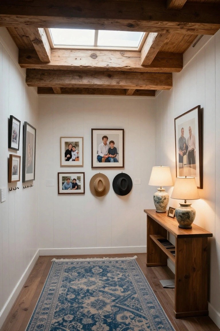 Narrow interior hallway with white vertical board-and-batten walls, exposed dark wooden beam ceiling and skylight, multiple framed family photos and two hanging hats on walls, wooden console table with ceramic lamps and small frames, blue patterned rug on wood floor.